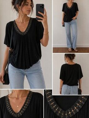 Gemstone Size M Beaded Neck Batwing Blouse